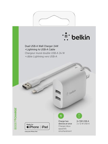 Belkin 24W Dual USB-A Wall Charger with Lightning to USB-A Cable