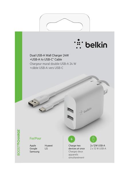 Belkin 24W Dual USB-A Wall Charger with USB-A to USB-C Cable(Open Box)