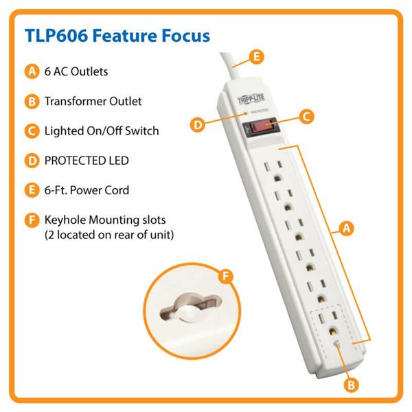 Tripp-Lite Protect It! Surge Suppressor - 6 Outlets, 6 ft Cord, 750 Joule (TLP606)