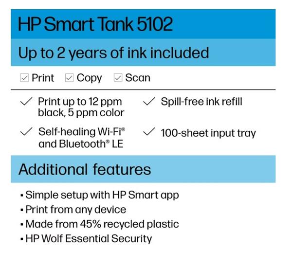 HP Smart Tank 5102 Wireless 3-in-1 Color Inkjet Printer