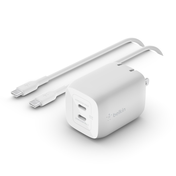 Belkin Chargeur mural double USB-C GaN 65W + Câble USB-C vers USB-C