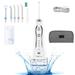 H2ofloss Oral Irrigator Set with 1* Water Flosser + 1* Travel Bag + 5* Nozzle Tips + 1* brush head + 1* transparent box, 300ml Tank, 5 work Modes, LED Indicator Color, Package Including 1 USB Cable + 1 User Manual, White.