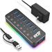 iCAN 7-Port Powered USB 3.0 Hub | Individual Off/On Switch | 14 RGB Light Mode | Aluminum | Thunderbolt 3