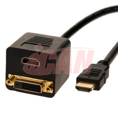 iCAN HDMI Male to 1 HDMI (F) and 1 DVI-D (F) Passive Splitting Adapter