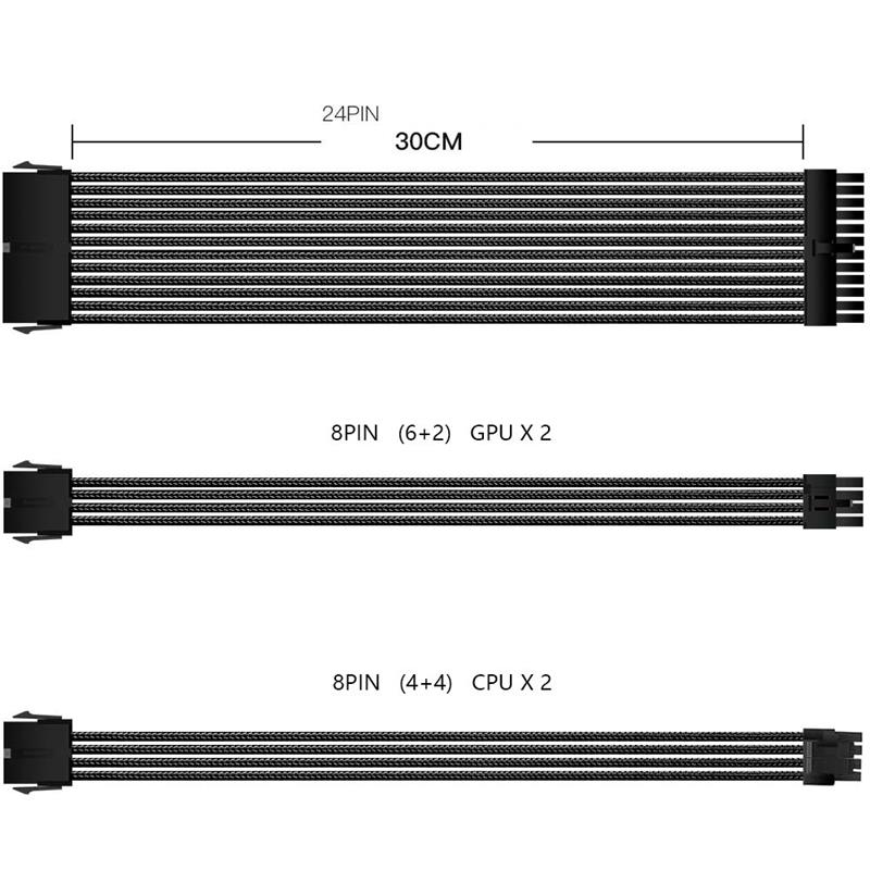 iCAN PSU Cable Extension Cable, Braided, Black,  w/Comb Kit | 1x 24 pin (20+4) | 2x 8 pin (4+4) CPU | 2X 8 Pin (6+2) GPU Set...