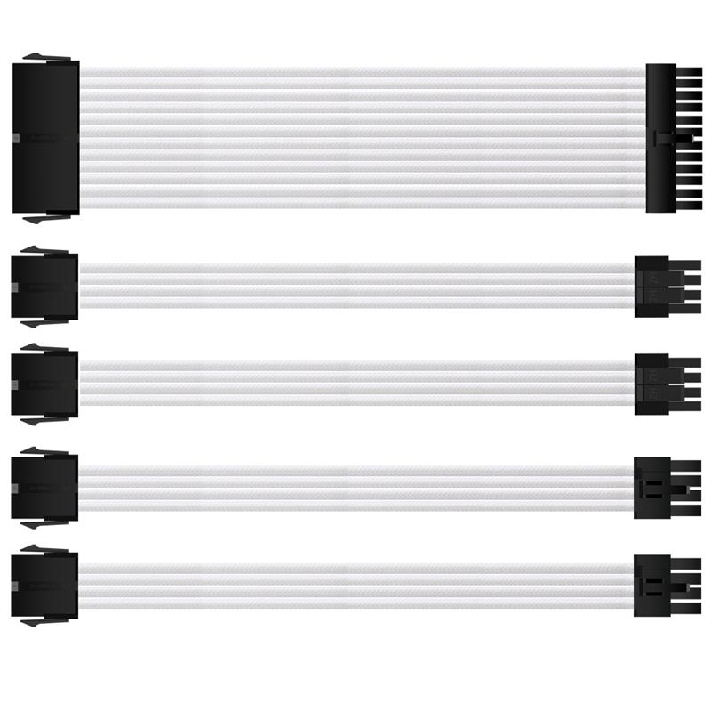 iCAN PSU Cable Extension Cable, Braided, White,  w/Comb Kit | 1x 24 pin (20+4) | 2x 8 pin (4+4) CPU | 2X 8 Pin (6+2) GPU Set...