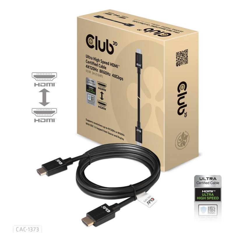 CLUB 3D Ultra High Speed HDMI™ Certified Cable 4K120Hz 8K60Hz 48Gbps M/M 3m/9.84ft (CAC-1373)