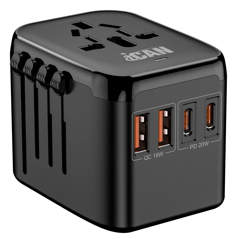 iCAN 20W 4-Port Universal Travel Adapter with 2 USB-C and 2 USB-A