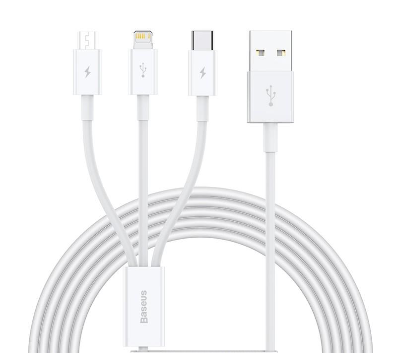 Baseus "Superior Series" Fast Charging Data Cable USB to M+L+C 3.5A ,1.5m (5ft), White(Open Box)