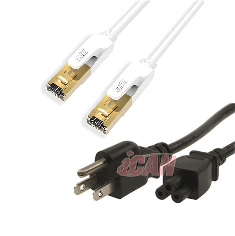 iCAN Premium CAT7 Ethernet Cable 100FT White + Standard Laptop Power Cord NEMA 5-15P to IEC 60320 C5 15FT Black