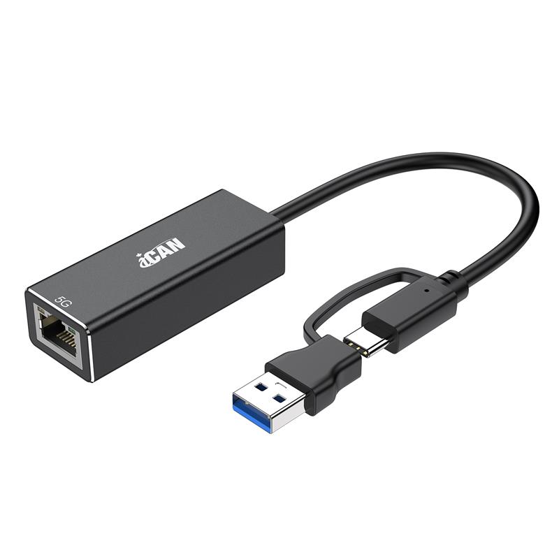 iCAN USB Type-C and USB-A to RJ-45 5G Aluminum Adapter, Black