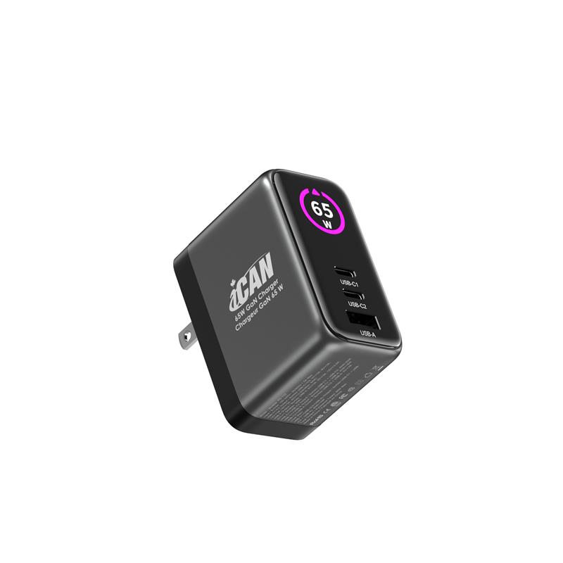 iCAN PD-133 65W 3-Port TFT GaN PD Wall Charger with 3.3ft 100W USB-C C(Open Box)