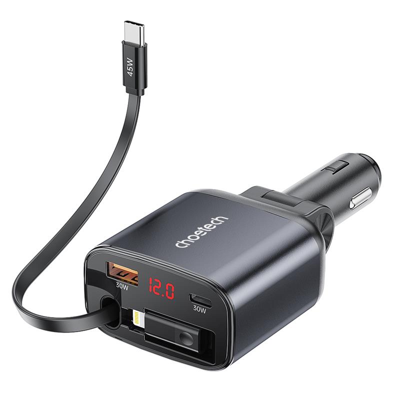 Choetech 105W 4-in-1 Digital Car Charger with 2.6ft 45W Type-C Cable