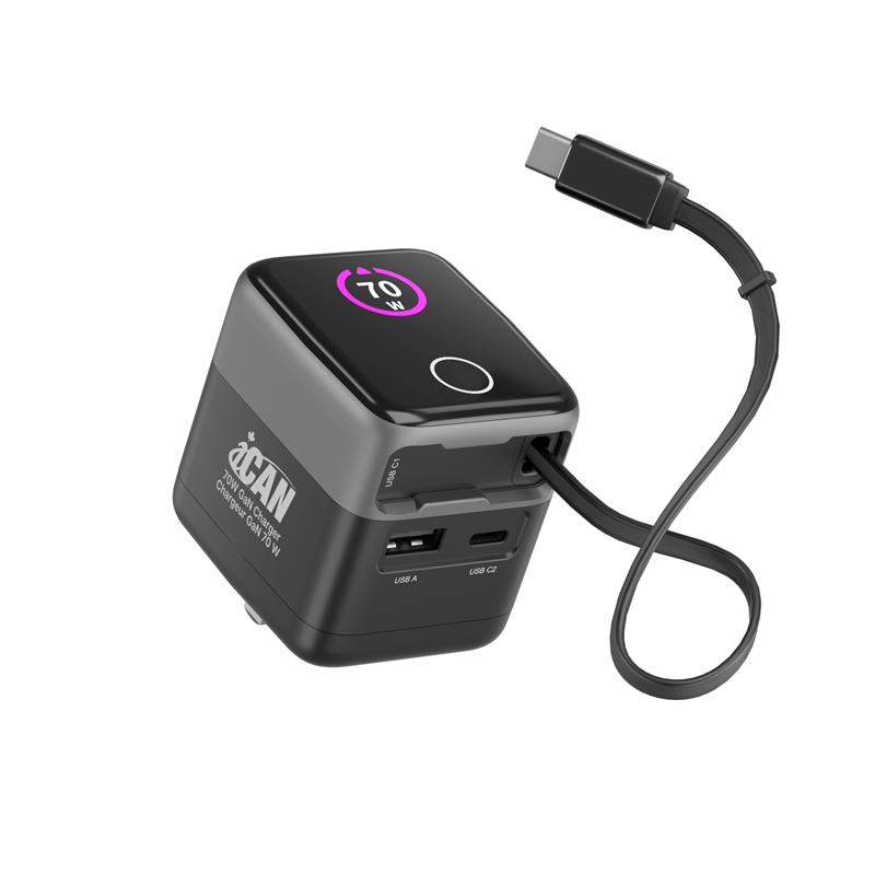 iCAN 70W 2-Port Portable GaN PD Charger with Type-C Retractable Cable