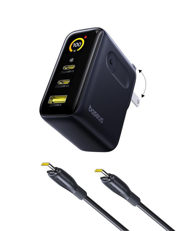 Baseus Chargeur mural GaN à 3 ports de 100 W avec câble C vers C de 10