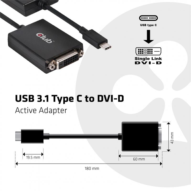 CLUB 3D USB 3.1 Type-C Male  to DVI-D Female Active Adapter (CAC-1508)