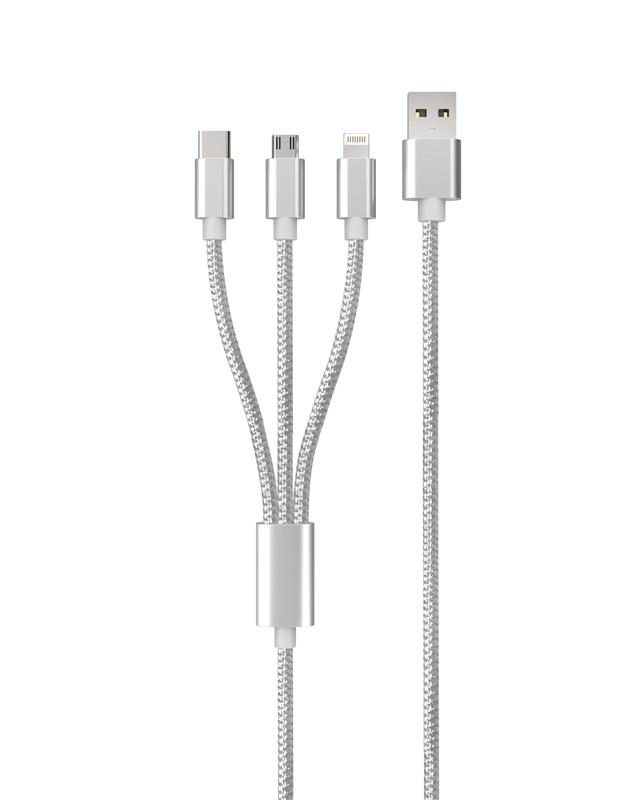 iCAN Type C + Lightning + Micro USB 3 in 1 Cable, 1M, Silver