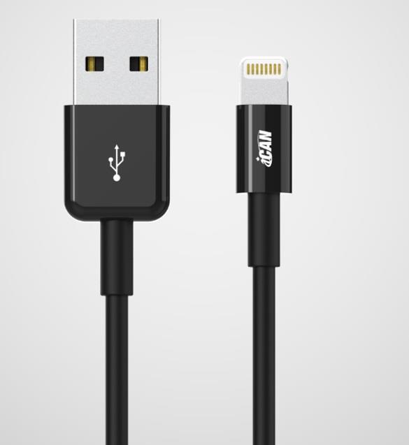 iCAN USB-A 2.0 to Lightning Cable, Apple MFi, M/M, 6ft, Black