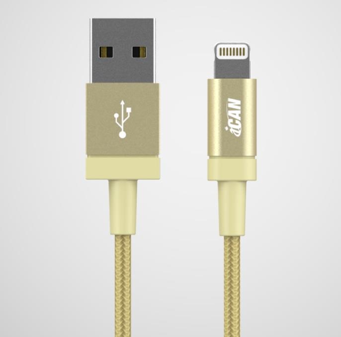 iCAN Premium USB-A 2.0 to Lightning Cable, Braided, M/M, 3ft, Gold(Open Box)