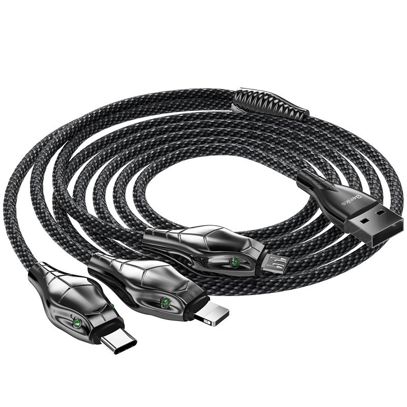 BENKS Lightning + Type C + Micro USB 3-in-1 Cable, 1.2M, Black