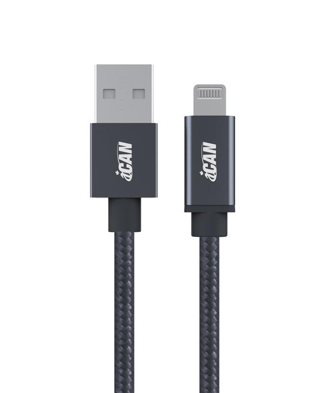 iCAN Premium USB-A 2.0 to Lightning Cable, Apple MFi, Nylon Braided, M/M, 3ft, Grey