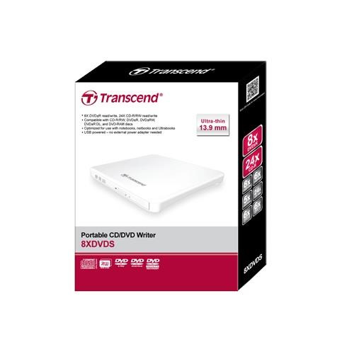 Transcend (TS8XDVDS-W) Extra Slim Portable DVD Writer, 8X DVD-RW, 24X CD-R/RW, 1MB Buffer | White, USB 2.0 | CyberLink Media Su