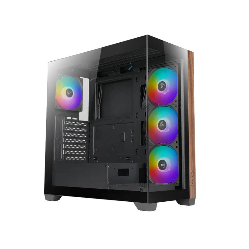 AZZA NEPTUNE 491 Mid Tower ATX Gaming Computer Case, Wraparound Glass View with Clamshell Tempered Glass Front and Slidable Tem