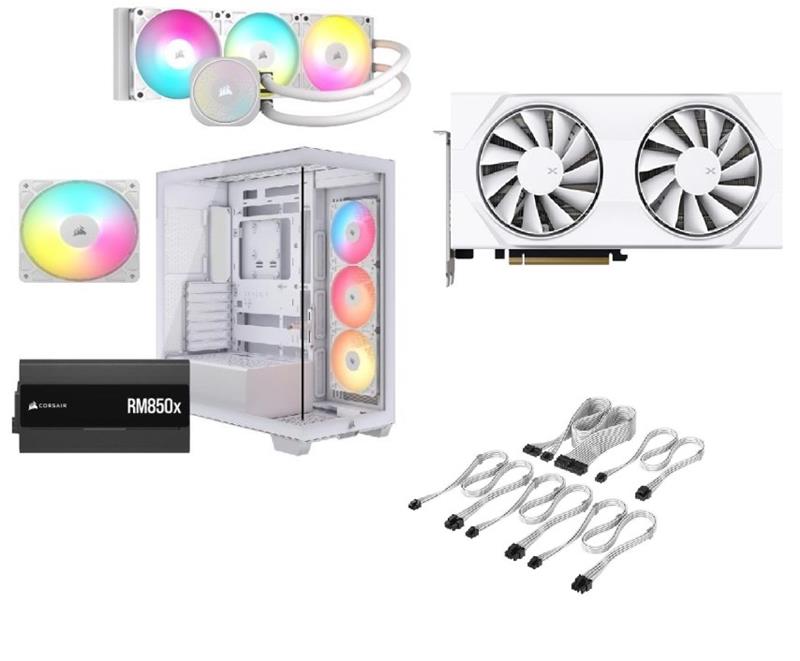 CORSAIR 3500X RS-R ARGB, RM850x PSU, NAUTILUS 360 ARGB AIO + XFX Swift AMD Radeon RX 9060 XT OC GPU, Blanc