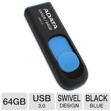 ADATA DashDrive UV128 64GB Retractable USB 3.0 Flash Drive, Black/Blue