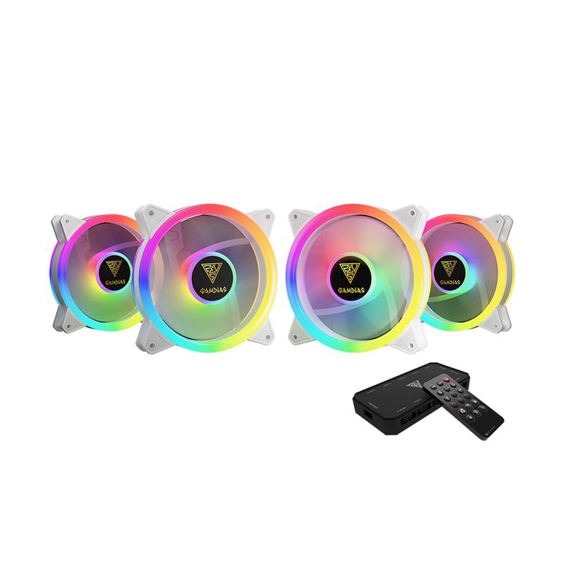 GAMDIAS AEOLUS M2-1204R WH (WHITE) 120MM ARGB 4 Fan Pack with Remote Controller, AEOLUS Box RGB Fan Hub for up to 8 fans & 2 LE