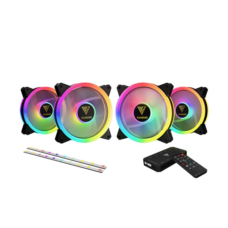 GAMDIAS AEOLUS M2-1204R ELITE 120MM RGB Fans, 2 LED strips and 4 Fans with Remote Control, PWM Temperature Sensor, AEOLUS Box R