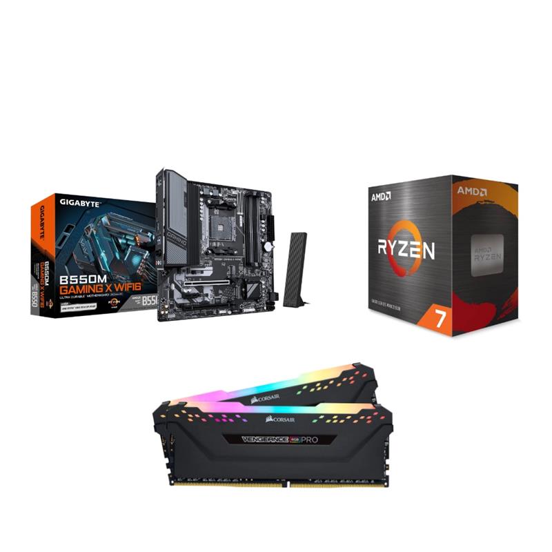 AMD Ryzen 7 5700X CPU + GIGABYTE B550M GAMING X WIFI6 Motherboard + CORSAIR VENGEANCE RGB 32GB DDR4 RAM
