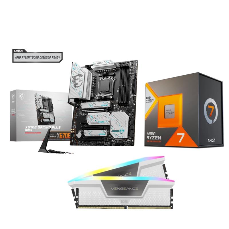 AMD R7 7800X3D CPU +  MSI X670E GAMING PLUS WIFI Motherboard + CORSAIR RGB 32GB D5 6000MHz White RAM