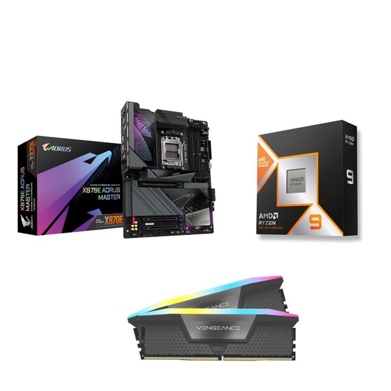 AMD R9 9950X CPU +  GIGABYTE X870E AORUS MASTER Motherboard + CORSAIR RGB 64GB D5 6000MHz CL30 Grey RAM