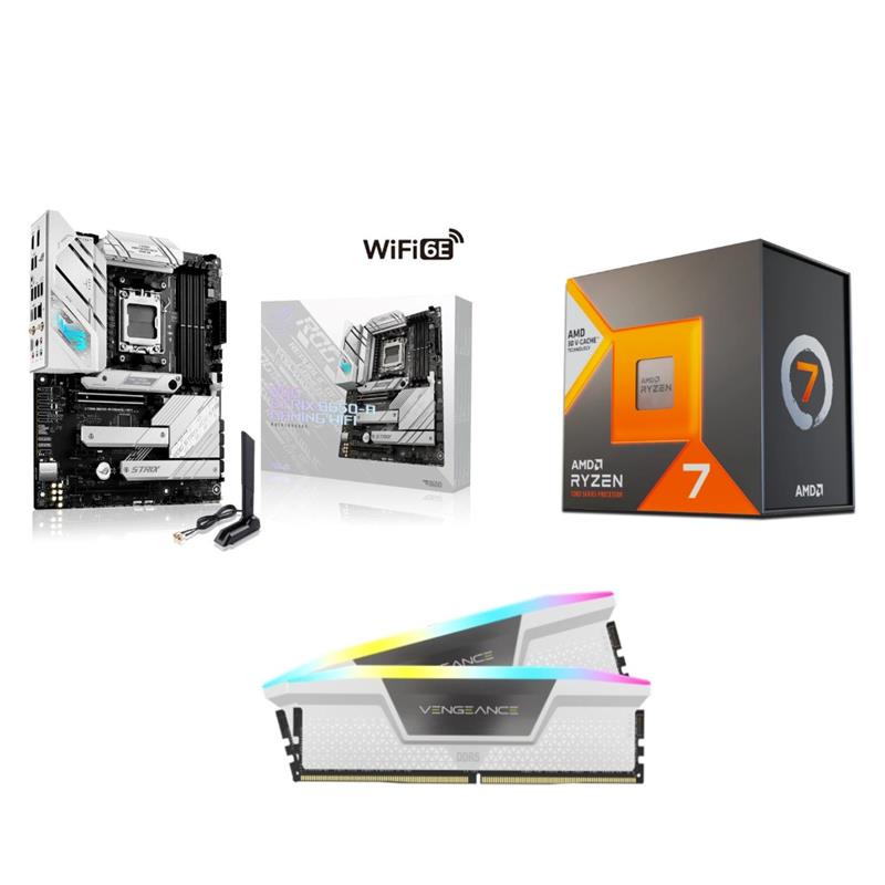 AMD R7 7800X3D CPU + ASUS ROG STRIX B650-A GAMING WIFI Carte mère + CORSAIR RGB 32 Go D5 6000MHz Blanc RAM