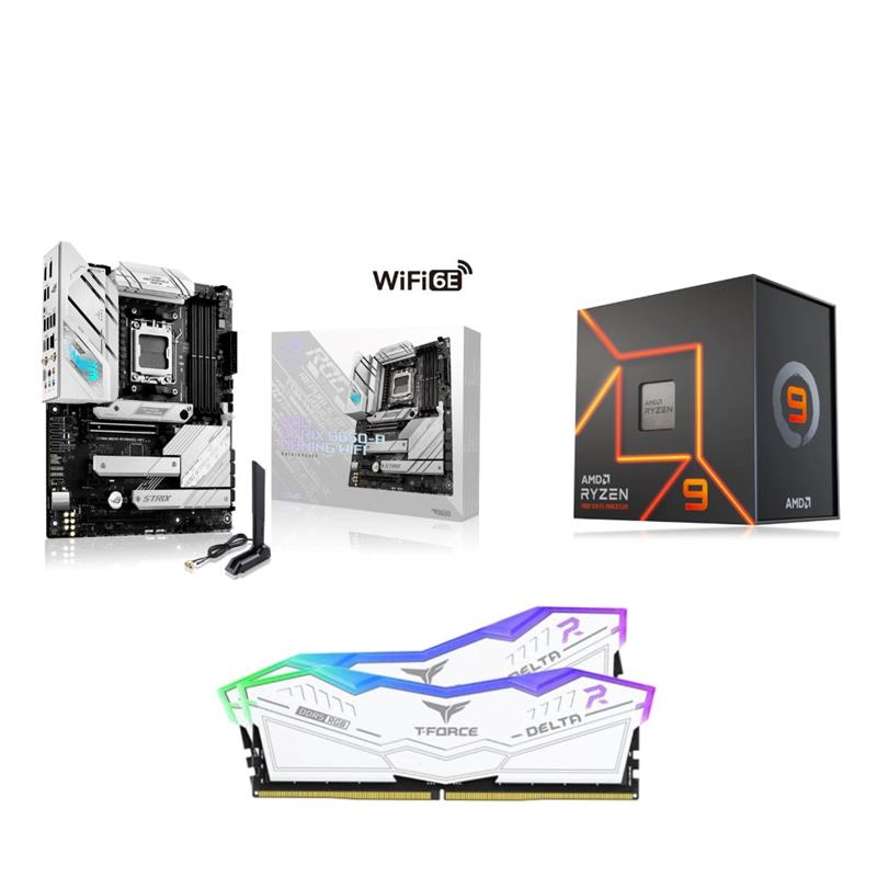 AMD Ryzen 9 7900X CPU + ASUS ROG STRIX B650-A GAMING WIFI Carte Mère + T-Force RGB 32GB D5 6000MHz CL30 White RAM