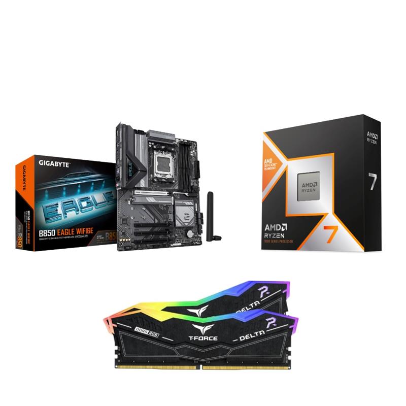 AMD Ryzen 7 9800X3D CPU + GIGABYTE B850 EAGLE WIFI6E Motherboard + T-Force RGB 32GB D5 6000MHz CL30 Black RAM