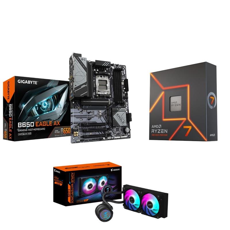 AMD Ryzen 7 7700X CPU + GIGABYTE B650 EAGLE AX Motherboard + AORUS WATERFORCE II 240 Liquid CPU Cooler