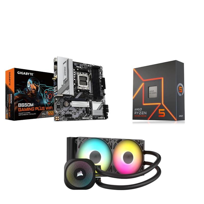 AMD Ryzen 5 7600X CPU + GIGABYTE B650M GAMING PLUS WIFI Motherboard + CORSAIR NAUTILUS 240 RS ARGB Liquid CPU Cooler