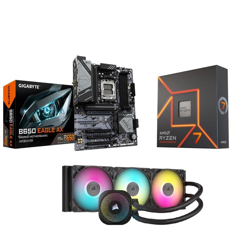 AMD Ryzen 7 7700X CPU + GIGABYTE B650 EAGLE AX Motherboard + CORSAIR iCUE LINK TITAN 360 RX RGB AIO
