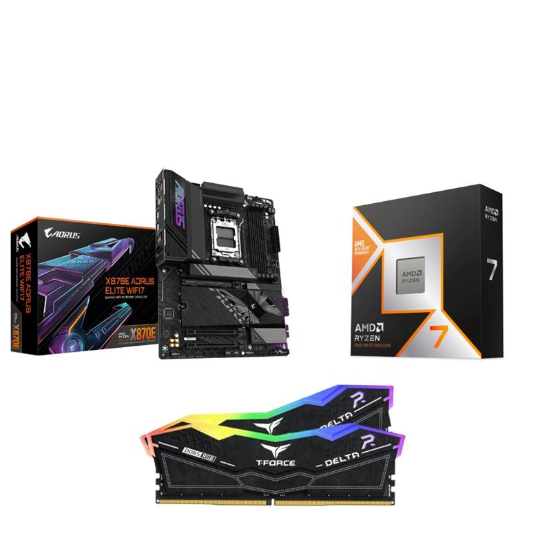 AMD Ryzen 7 9800X3D CPU + GIGABYTE X870E AORUS ELITE WIFI7 Motherboard + T-Force RGB 32GB D5 6000MHz CL30 Black RAM