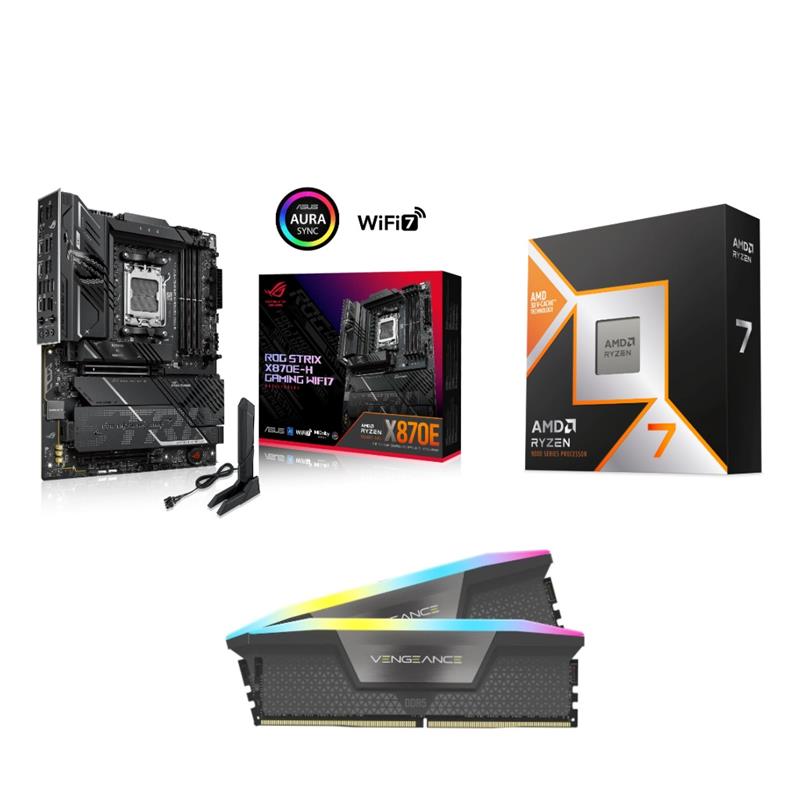 AMD R7 9800X3D CPU + ASUS ROG STRIX X870E-H GAMING WIFI7 Motherboard + CORSAIR RGB 96GB D5 6000MHz Black RAM