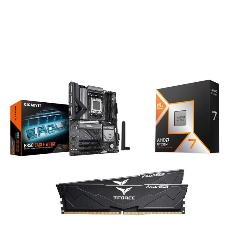 AMD Ryzen 7 9800X3D CPU + GIGABYTE B850 EAGLE WIFI6E Motherboard + T-Force 32GB D5 6000MHz CL30 RAM