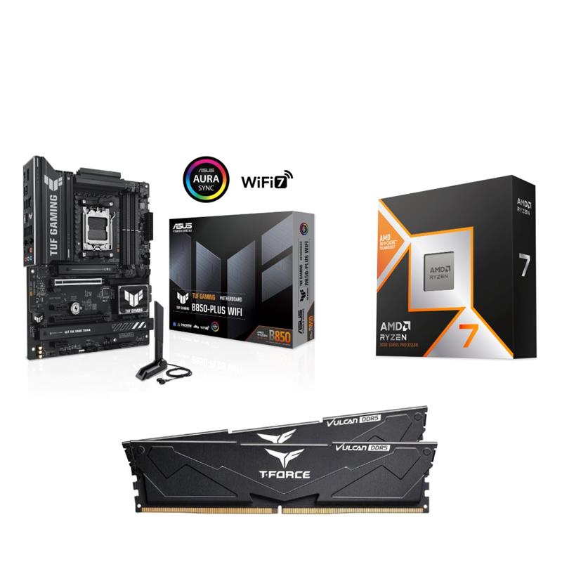 AMD R7 9800X3D CPU + ASUS TUF GAMING B850-PLUS WIFI Motherboard + T-Force 32GB D5 6000MHz CL30 RAM