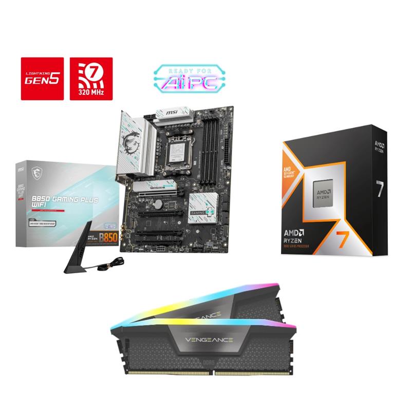 AMD Ryzen 7 9800X3D CPU + MSI B850 GAMING PLUS WIFI Motherboard + CORSAIR VENGEANCE RGB 16GB D5 6000MHz CL36 RAM