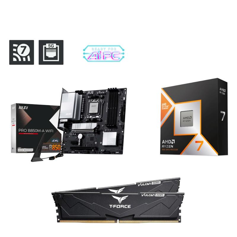 AMD Ryzen 7 9800X3D CPU + MSI PRO B850M-A WIFI Carte mère + T-Force 32GB D5 6000MHz CL30 RAM