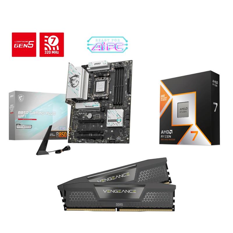 AMD Ryzen 7 9800X3D CPU + MSI B850 GAMING PLUS WIFI Motherboard + CORSAIR VENGEANCE 16GB D5 6000MHz CL36 RAM