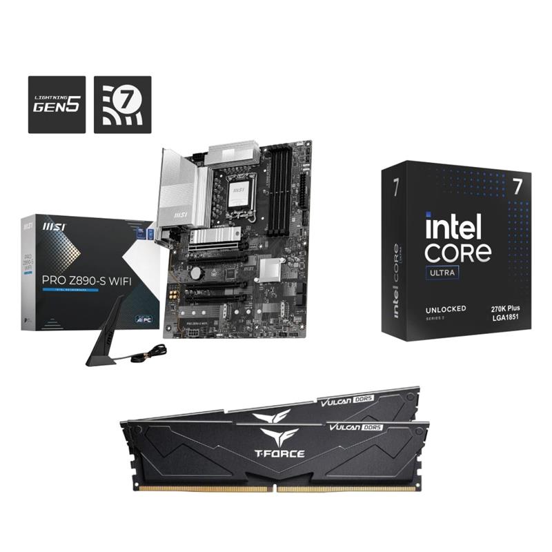 Intel Core Ultra 7 270K CPU + MSI PRO Z890-S WIFI Carte mère + T-Force 32GB D5 6000MHz CL30 RAM