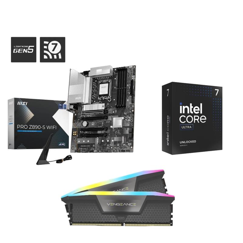 Intel Core Ultra 7 265KF CPU + MSI PRO Z890-S WIFI Carte mère + CORSAIR RGB 32GB D5 6000MHz RAM