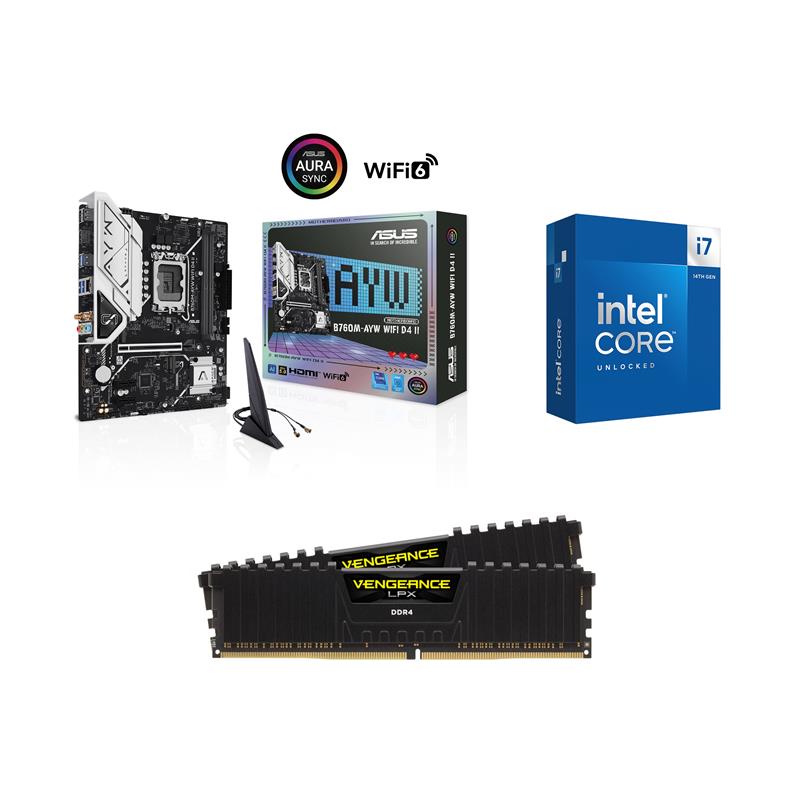 Intel Core i7-14700K CPU + ASUS B760M-AYW WIFI D4 II Motherboard + Corsair 32GB D4 3200MHz RAM